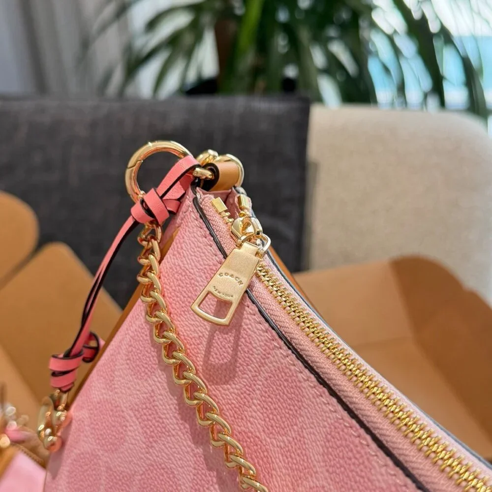 Coach Teri Shoulder Bag Signature Canvas With Charms Gold/Powder Pink CEA20 NWT